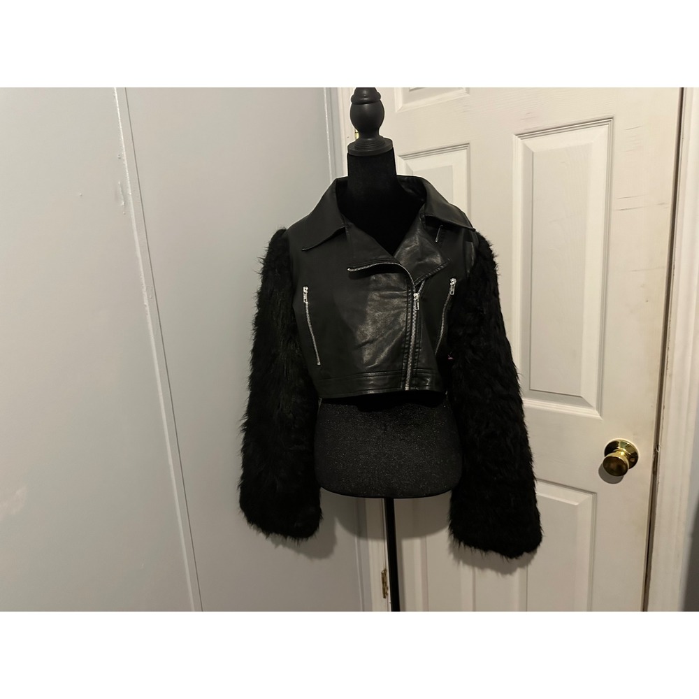 Fashion House Black Faux Leather Cropped Moto Jacket Shaggy Faux Fur Sleeves